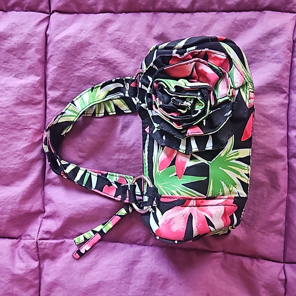 Avon Bright Barbie Pink, Green & Black Tropical Print Duffle Minbag with Rosette
